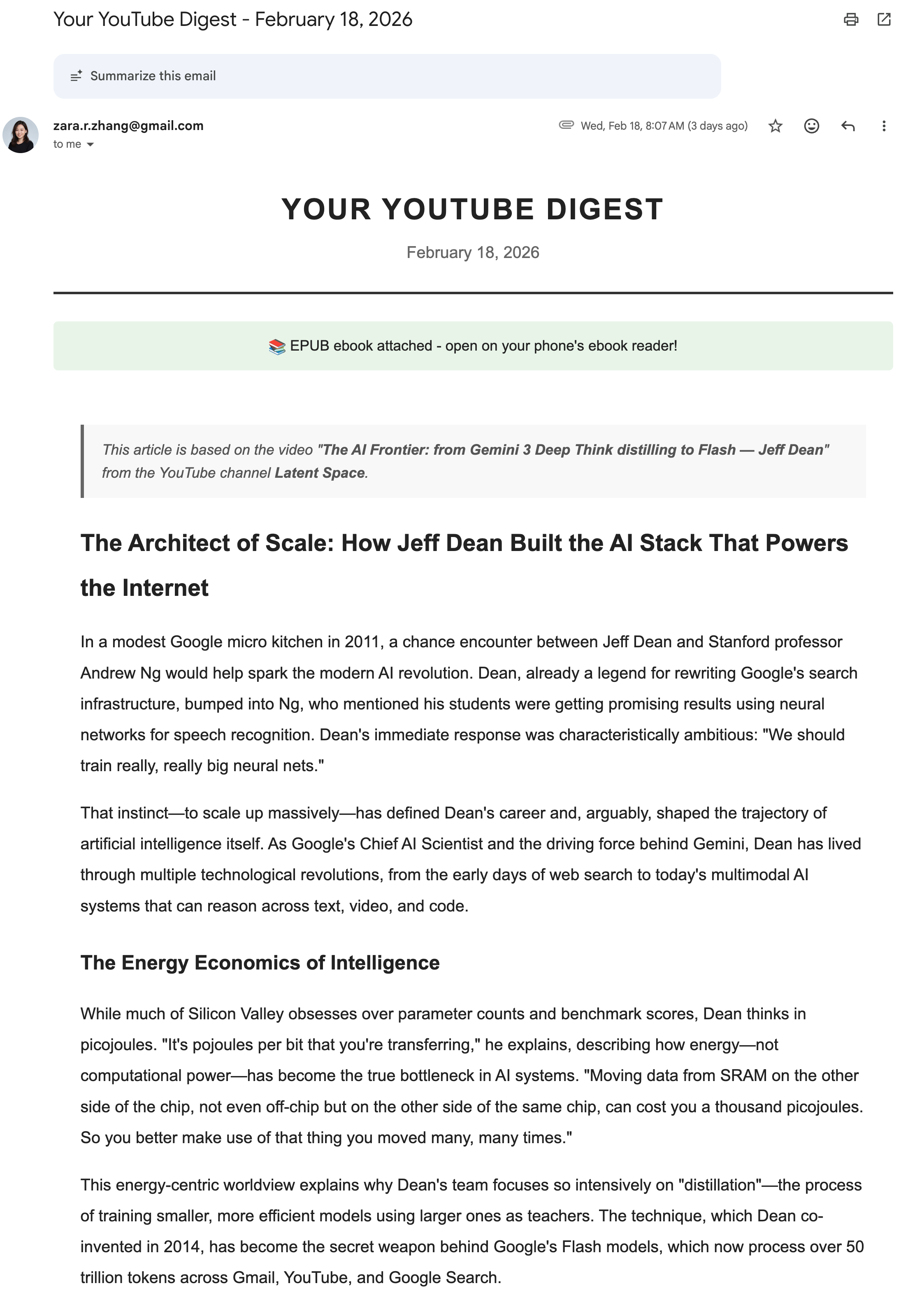 YouTube Digest email — polished article delivered as EPUB